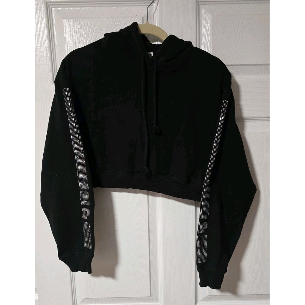 Victoria's Secret PINK Black Campus Bling Cropped Hoodie Size XS
